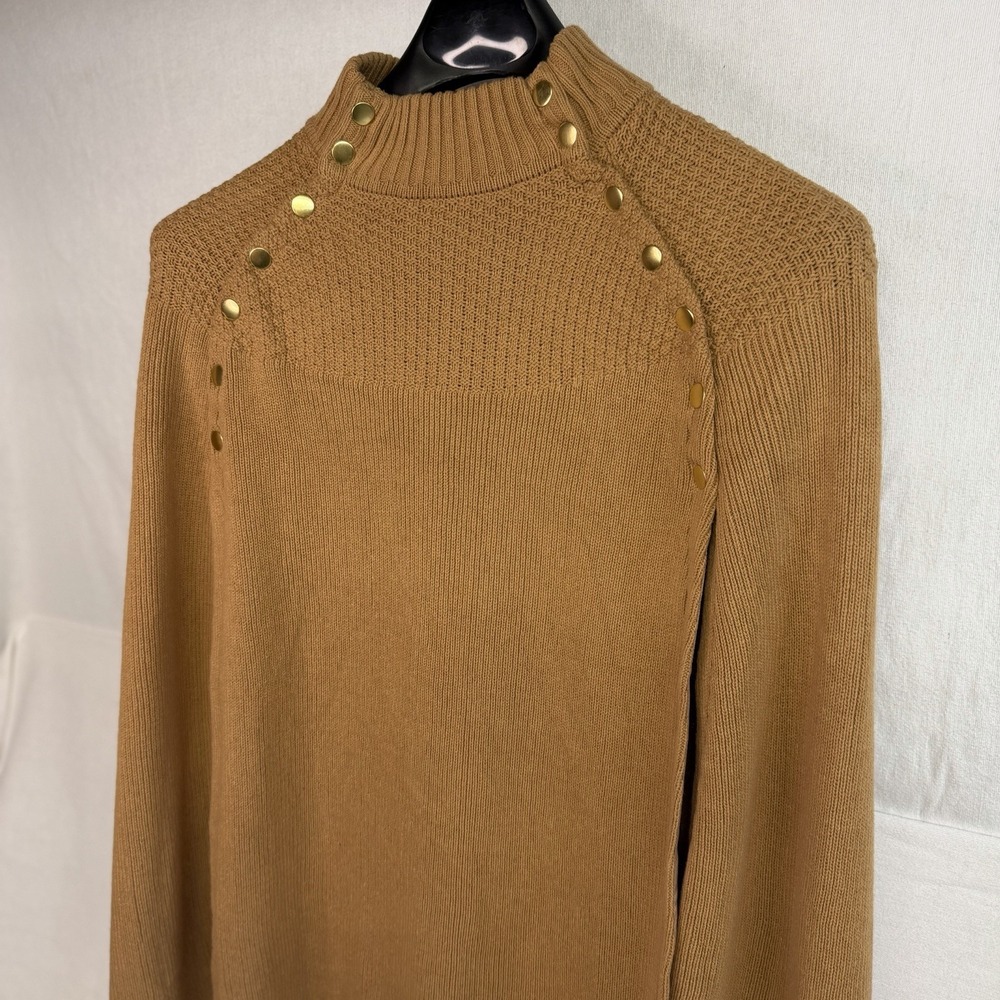 G.I.L.I. Knit Mock Neck Pullover Sweater Cape Gold Snaps M/L Poncho Tan/Camel